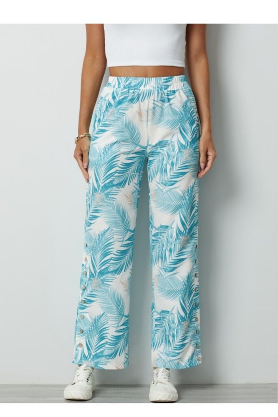 Clothing Azzlee Pants | Leaves Casual Pants With Buttons Aqua Palm