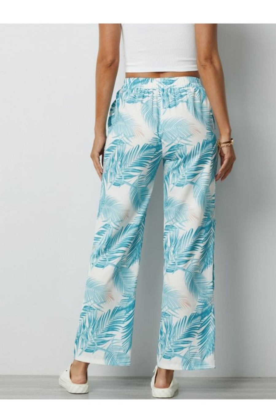 Clothing Azzlee Pants | Leaves Casual Pants With Buttons Aqua Palm