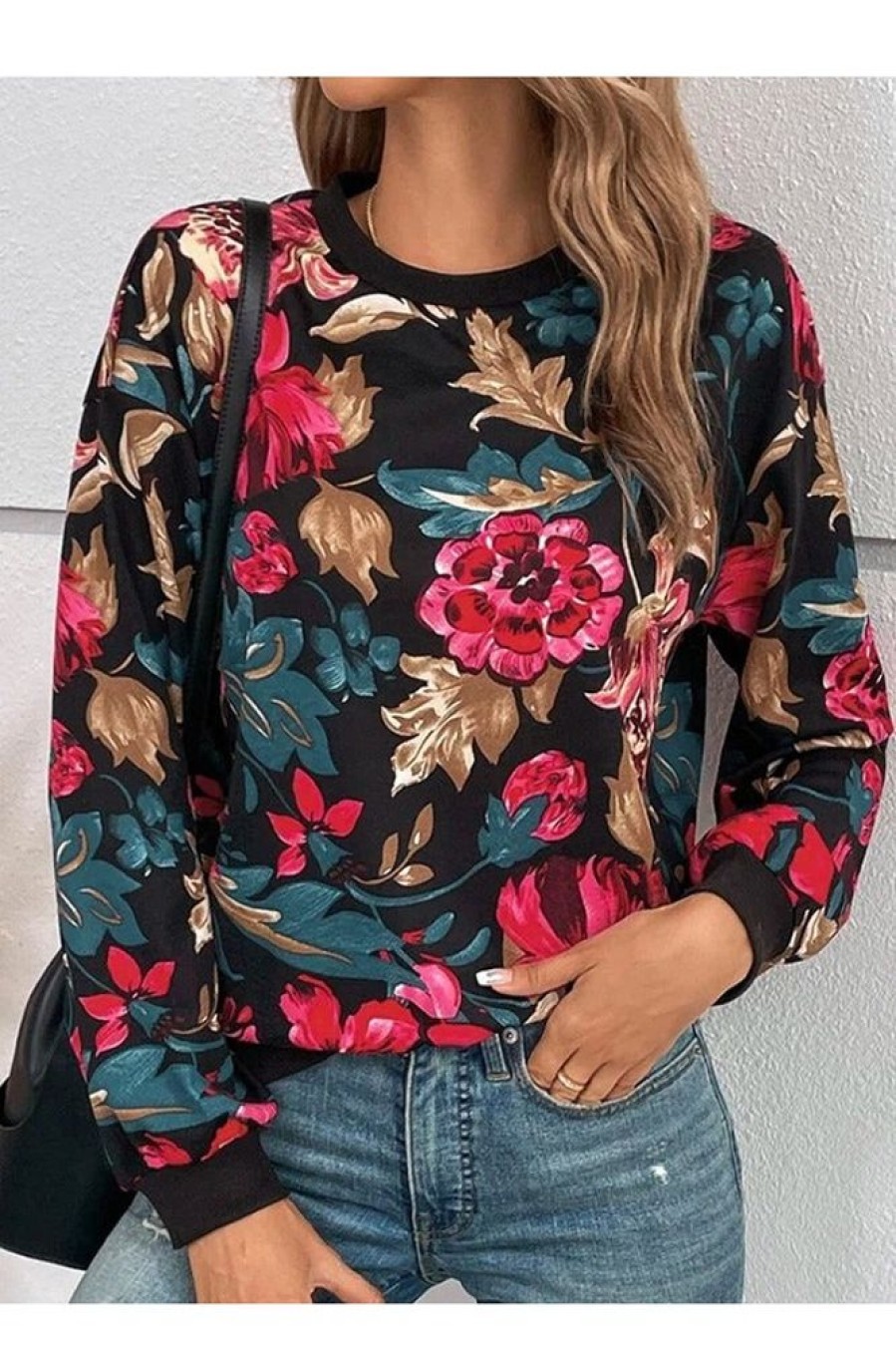 Clothing Azzlee Blouse & Shirts | Casual Graphic Tops Round Neck Long Sleeve Floral Printed Blouse Multicolor