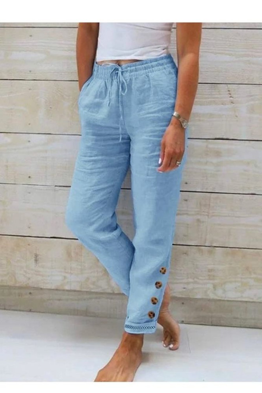 Clothing Azzlee Pants | Casual Solid Buttoned Pants Blue