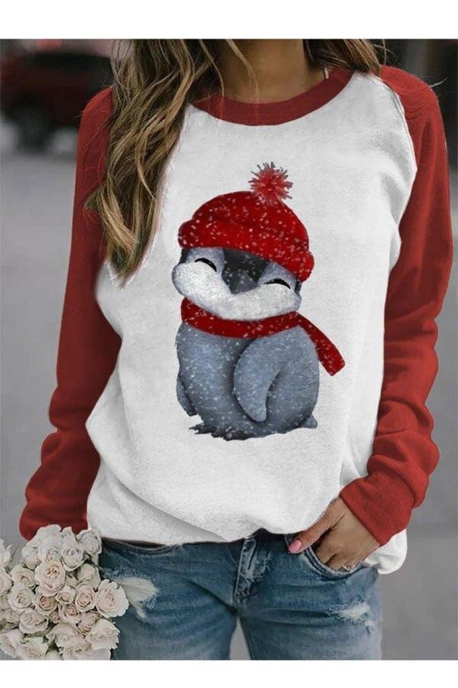 Clothing Azzlee Sweatshirt & Hoodies | Women Penguin Printed Sweatshirt Red