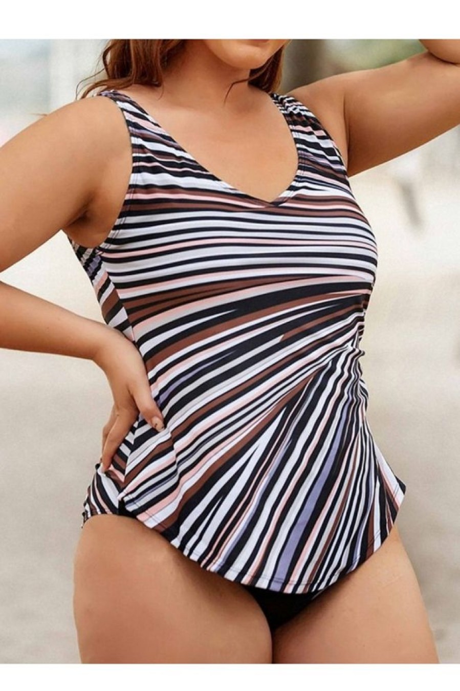 Clothing Azzlee Plus Size | Plus Size Stripe V-Neck Shirring Wide Straps One Piece Swimsuit Multi