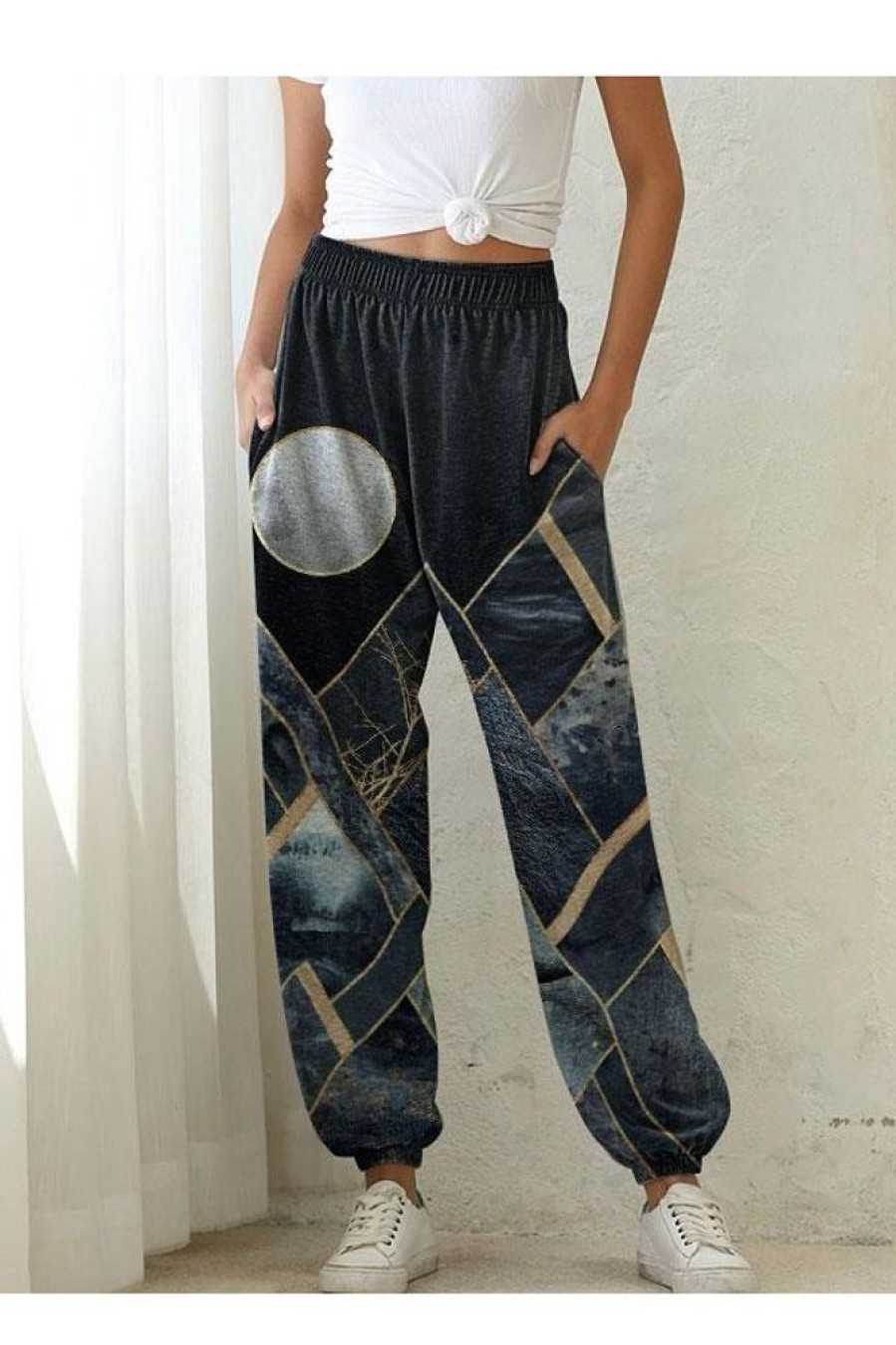 Clothing Azzlee Pants | Women'S Geometric Printed Casual Pants Black