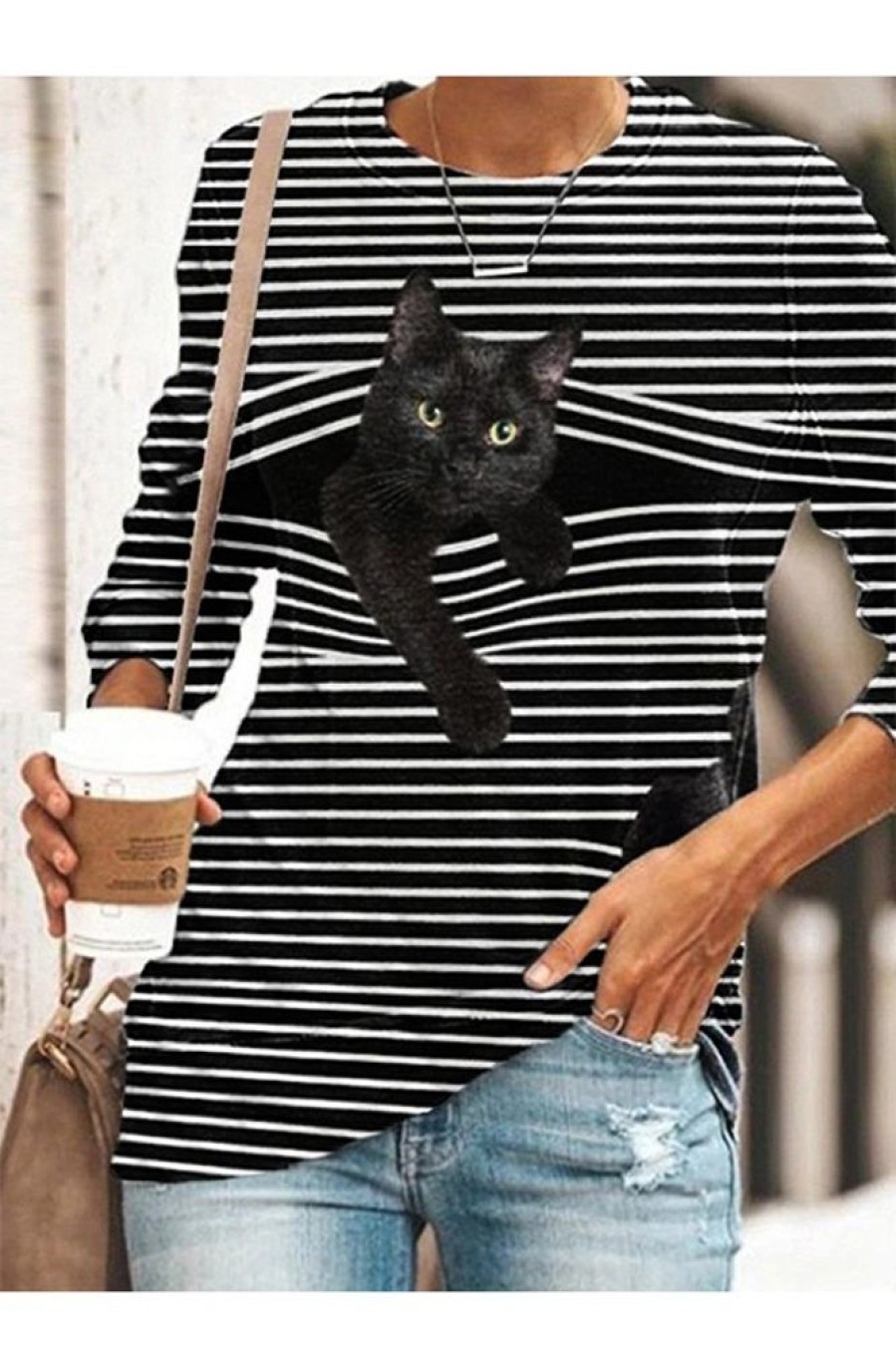 Clothing Azzlee Sweatshirt & Hoodies | Stripe Cat Printed Round Neck Long Sleeve Blouse Black