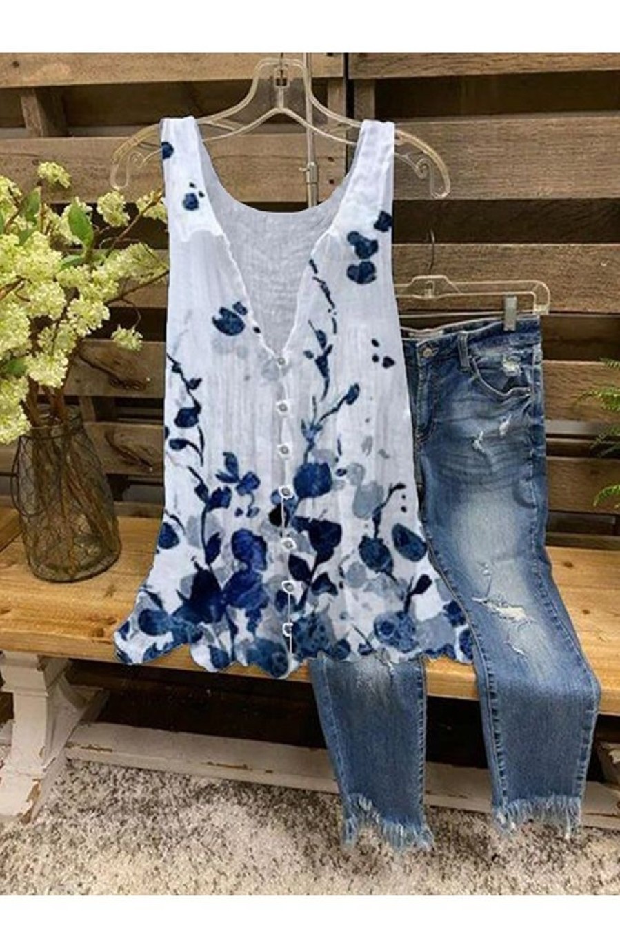 Clothing Azzlee Blouse & Shirts | Casual Summer V-Neck Sleeveless Floral Printed With Buttons Tops White