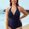 Clothing Azzlee Plus Size | V-Neck Halter Straps Tie Front Plus Size One Piece Swimsuit Navy