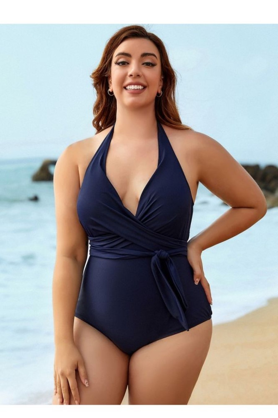 Clothing Azzlee Plus Size | V-Neck Halter Straps Tie Front Plus Size One Piece Swimsuit Navy