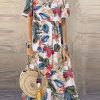 Clothing Azzlee Maxi Dresses | Casual Round Neck Short Sleeve Floral Maxi Dress Beige