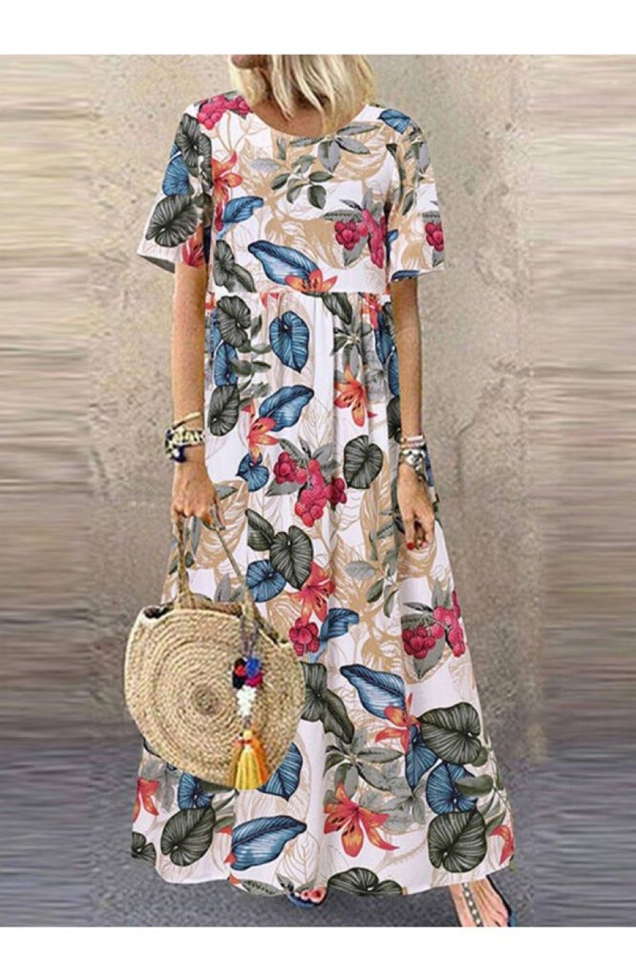 Clothing Azzlee Maxi Dresses | Casual Round Neck Short Sleeve Floral Maxi Dress Beige