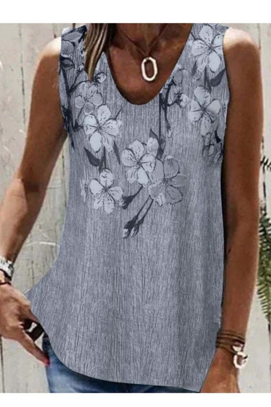 Clothing Azzlee Tanks | Casual V Neck Floral Printed Sleeveless Tank Gray