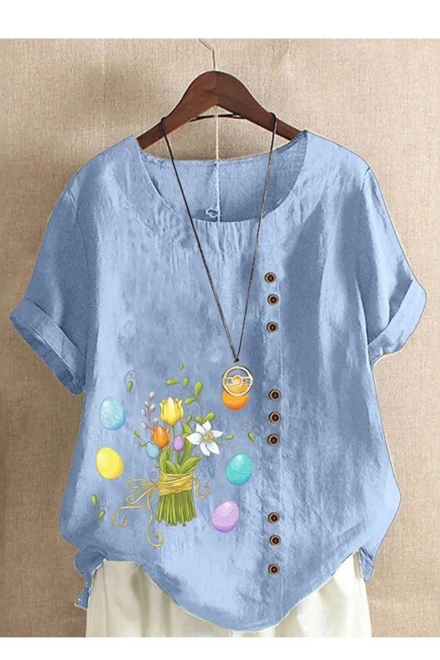 Clothing Azzlee Blouse & Shirts | Casual Round Neck Floral Printed Short Sleeve Blouse Light Blue