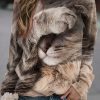 Clothing Azzlee Sweatshirt & Hoodies | Casual Graphic Tops Round Neck Long Sleeve Cover Face Cat Printed Sweatshirts Brown