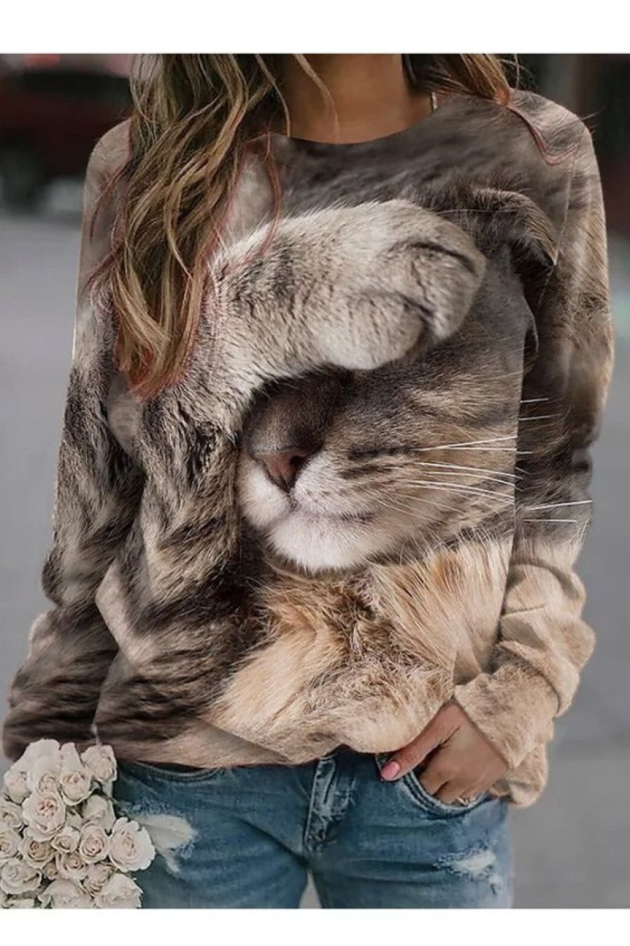 Clothing Azzlee Sweatshirt & Hoodies | Casual Graphic Tops Round Neck Long Sleeve Cover Face Cat Printed Sweatshirts Brown