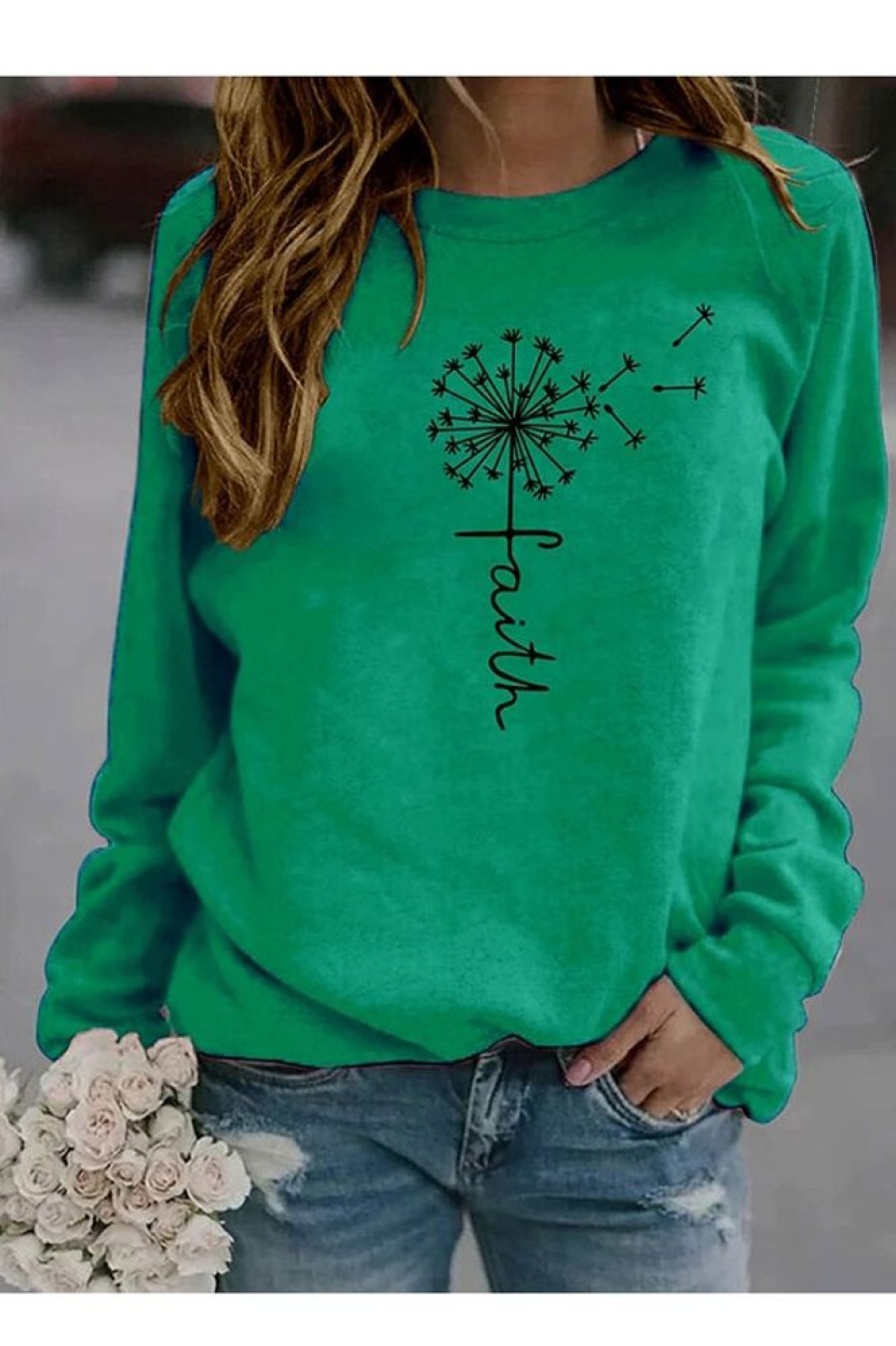 Clothing Azzlee Sweatshirt & Hoodies | Casual Graphic Tops Round Neck Long Sleeve Floral Printed Sweatshirts Green