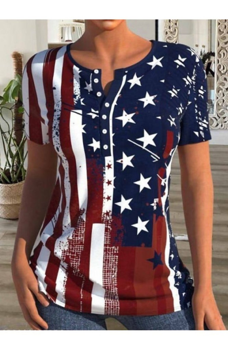 Clothing Azzlee Blouse & Shirts | Casual Graphic Tops Round Neck Short Sleeve Flag Printed Blouse Blue