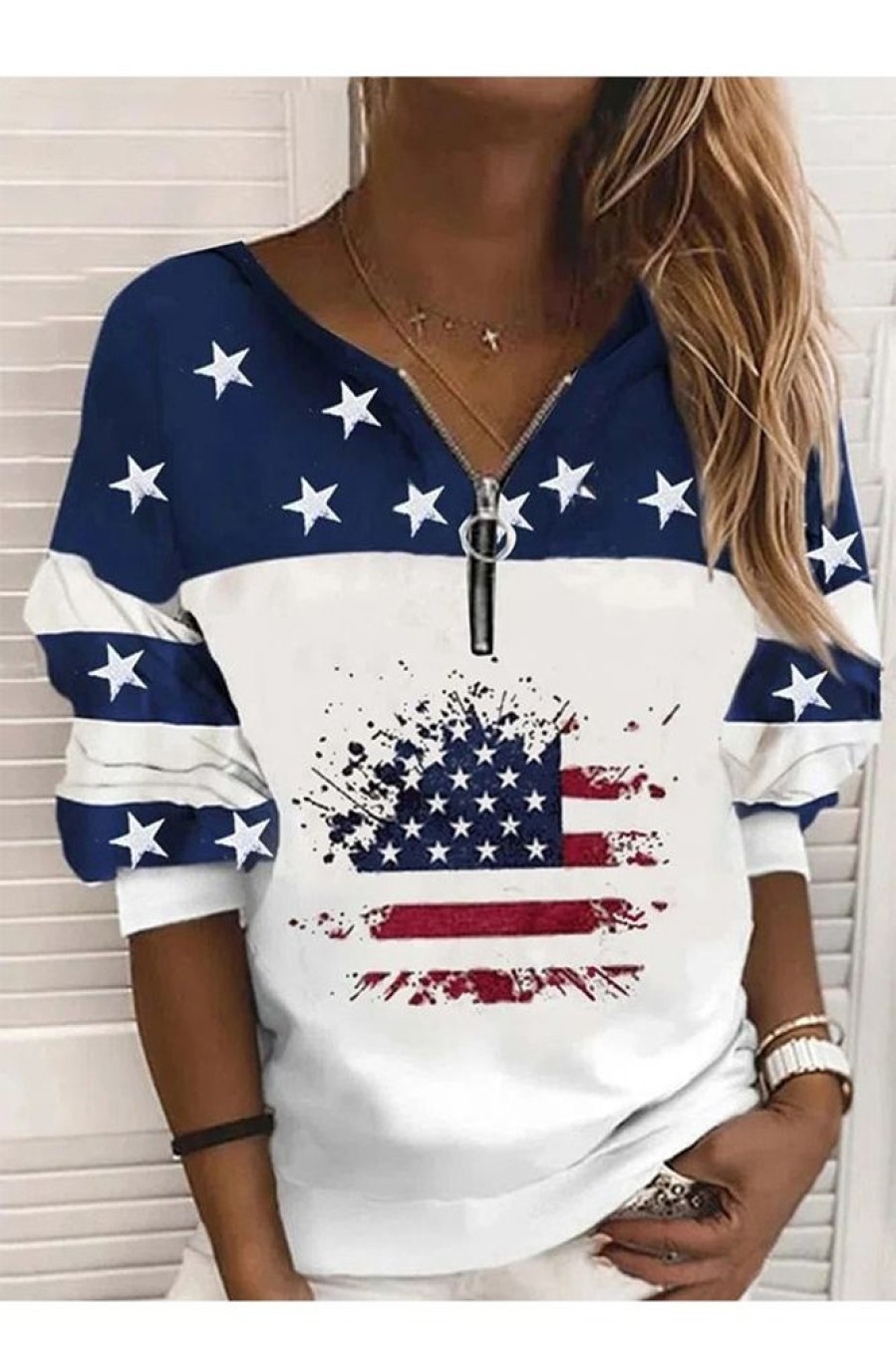 Clothing Azzlee Sweatshirt & Hoodies | Casual Graphic Tops V-Neck Long Sleeve American Us Flag Printed Sweatshirts Blue