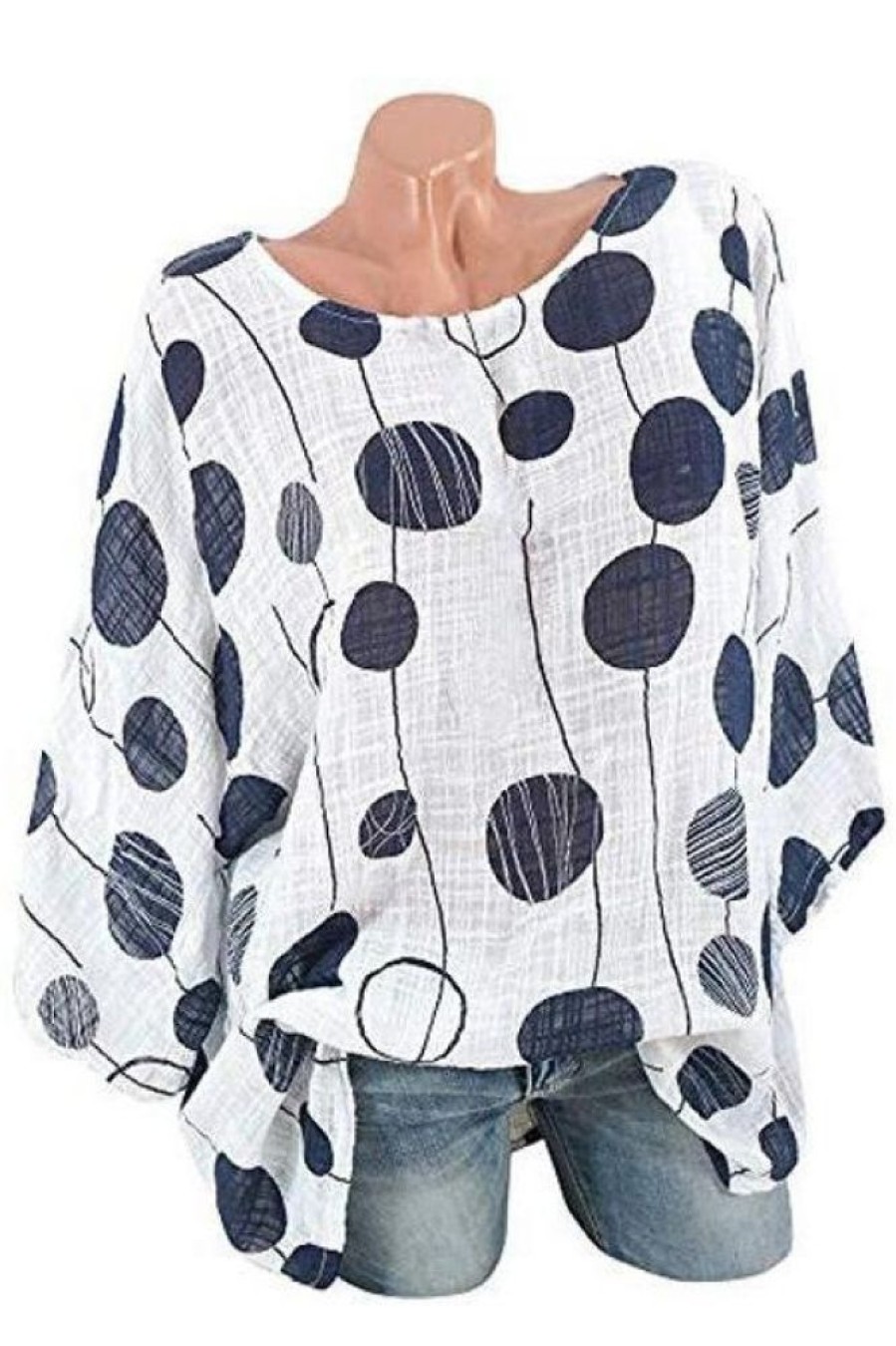 Clothing Azzlee Blouse & Shirts | Casual Round Neck Polka Dot Print Casual Elegant 3/4 Sleeve Blouse