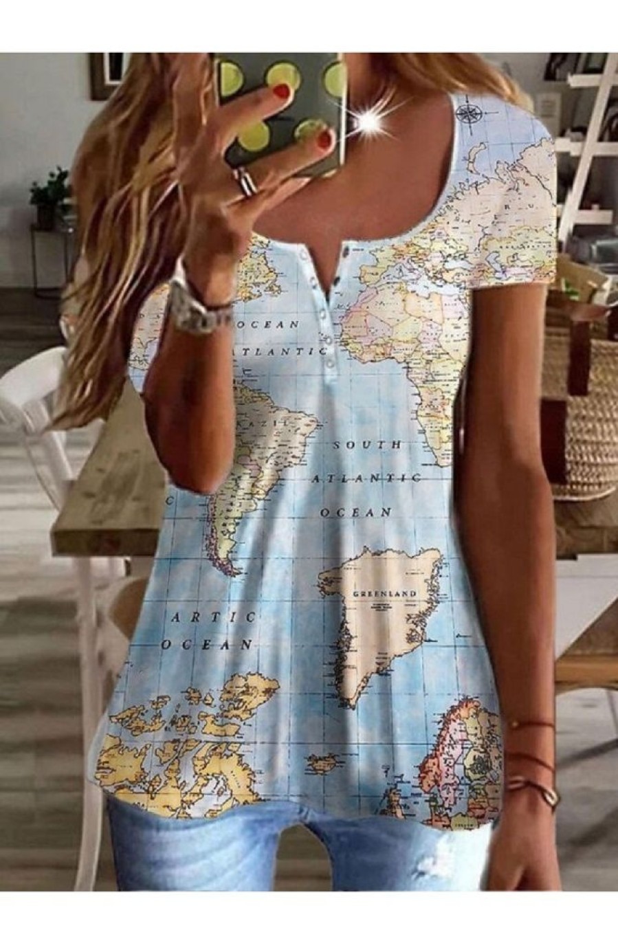 Clothing Azzlee Blouse & Shirts | Casual V Neck Map Printed Shorts Blouse Blue