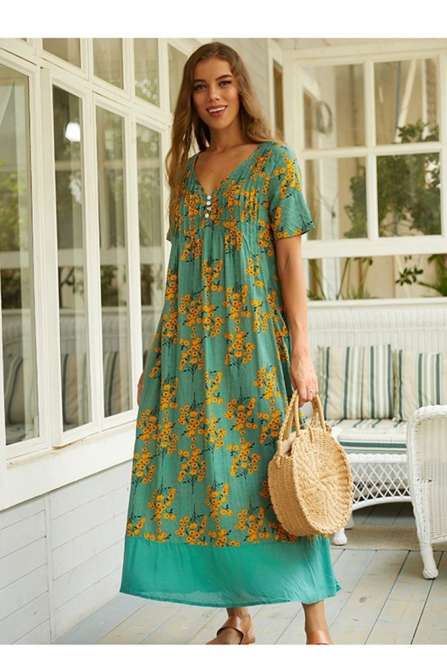 Clothing Azzlee Maxi Dresses | Casual V-Neck Short Sleeve Floral Printed Maxi Dress Green