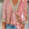 Clothing Azzlee Blouse & Shirts | Casual V Neck Printed 3/4 Sleeve Blouse Pink