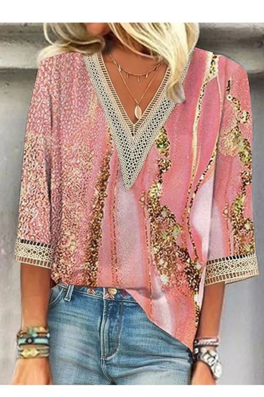 Clothing Azzlee Blouse & Shirts | Casual V Neck Printed 3/4 Sleeve Blouse Pink