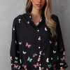 Clothing Azzlee Blouse & Shirts | Women'S Polyester Butterfly Print Buttons Casual Stand Collar Long Sleeve Blouse Black