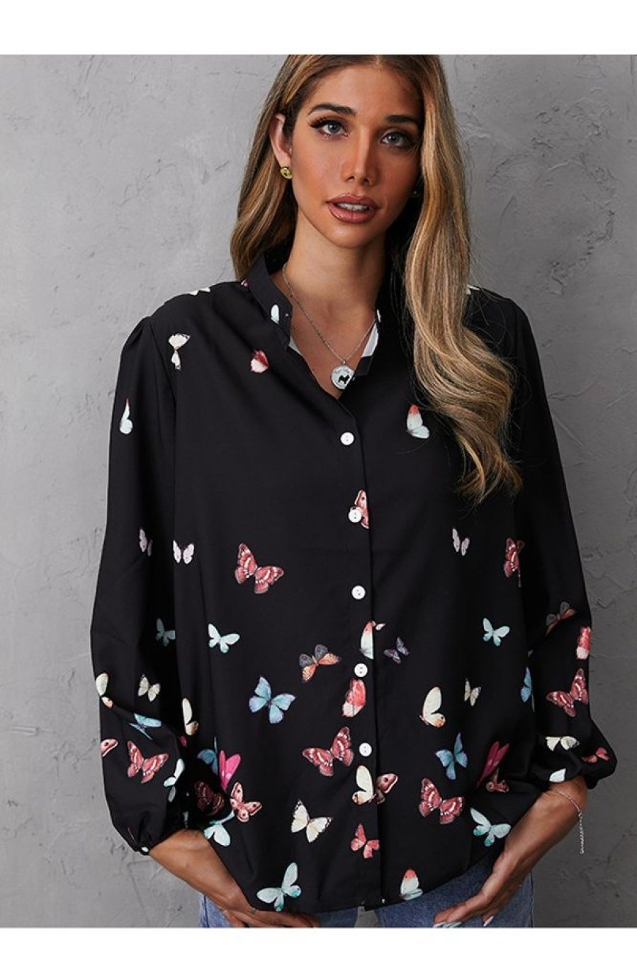 Clothing Azzlee Blouse & Shirts | Women'S Polyester Butterfly Print Buttons Casual Stand Collar Long Sleeve Blouse Black