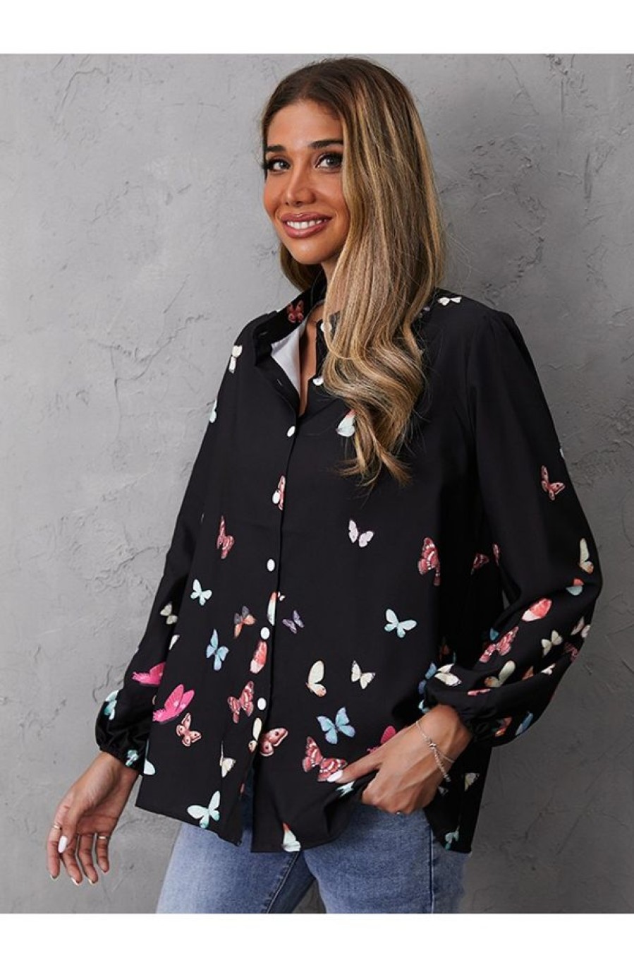 Clothing Azzlee Blouse & Shirts | Women'S Polyester Butterfly Print Buttons Casual Stand Collar Long Sleeve Blouse Black