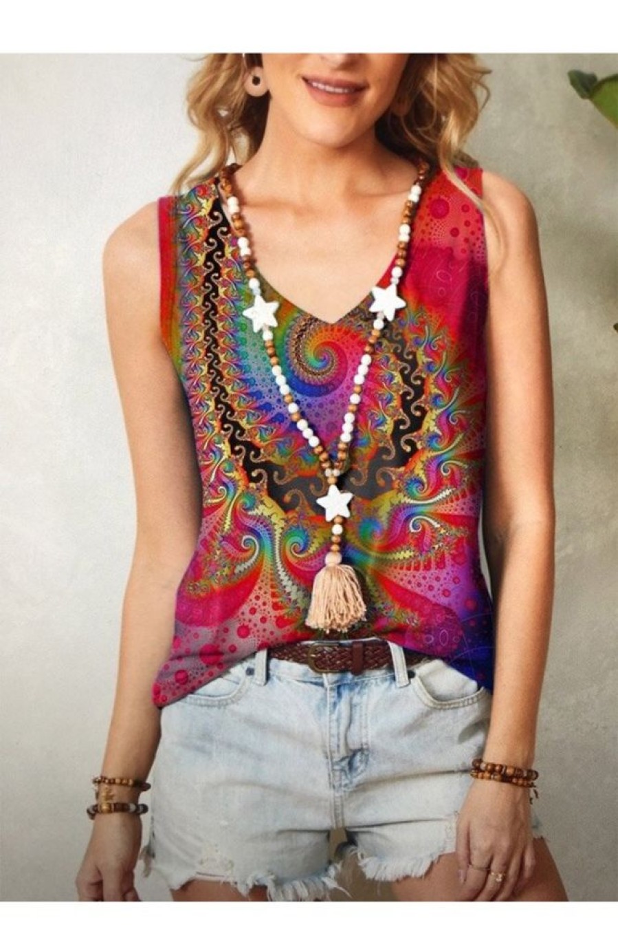 Clothing Azzlee Tanks | Boho Printed V-Neck Sleeveless Tank Red