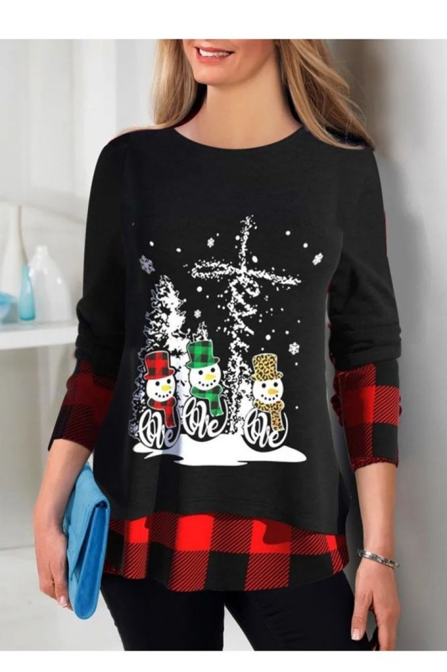 Clothing Azzlee Sweatshirt & Hoodies | Casual Round Neck Snowman Printed Long Sleeve Sweatshirts Black