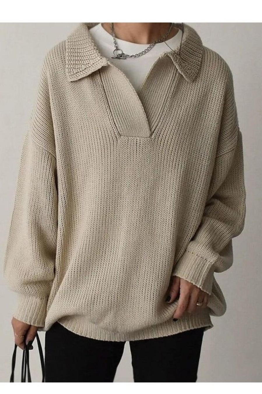 Clothing Azzlee Sweater & Cardigans | Comfy Plain Long Sleeve V-Neck Sweater Khaki