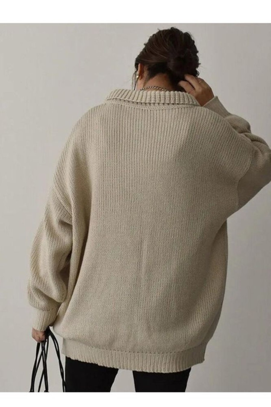 Clothing Azzlee Sweater & Cardigans | Comfy Plain Long Sleeve V-Neck Sweater Khaki