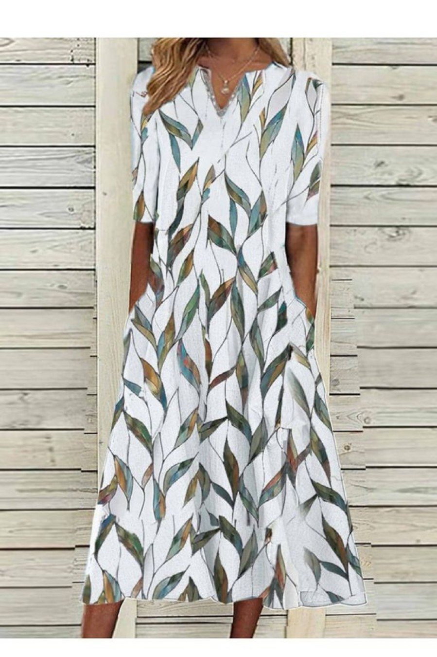 Clothing Azzlee Midi Dresses | V-Neck Half Sleeve Leaf Print Midi Dress White