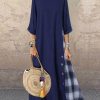 Clothing Azzlee Maxi Dresses | 3/4 Sleeve Round Neck Plaid Patchwork Casual Maxi Dress