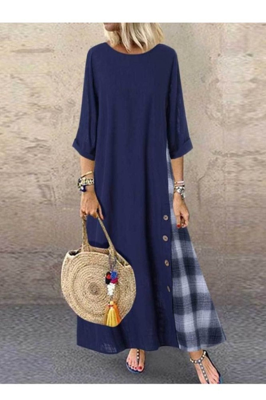 Clothing Azzlee Maxi Dresses | 3/4 Sleeve Round Neck Plaid Patchwork Casual Maxi Dress