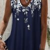 Clothing Azzlee Tanks | Casual V Neck Floral Printed Sleeveless Tank Dark Blue