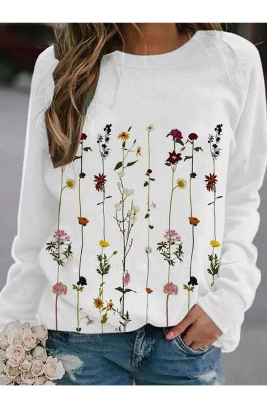 Clothing Azzlee Sweatshirt & Hoodies | Casual Graphic Tops Round Neck Long Sleeve Floral Printed Sweatshirts White