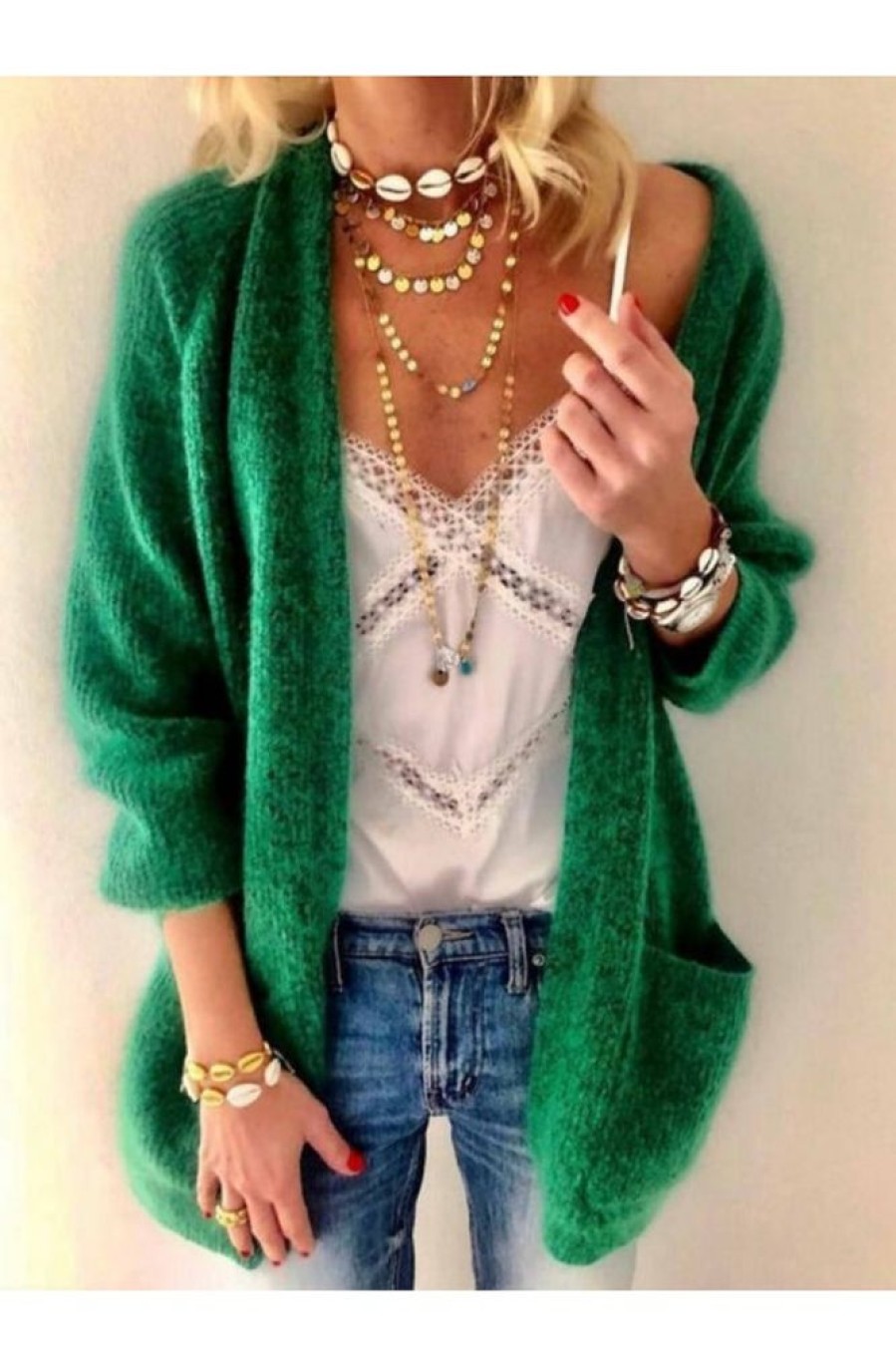 Clothing Azzlee Sweater & Cardigans | Casual Plain Long Sleeve Sweater Cardigan Green