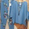 Clothing Azzlee | Printed Comfortable Loose 3/4 Sleeve Two Piece Suit Blue