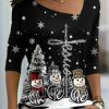 Clothing Azzlee Sweatshirt & Hoodies | Snowman Print Asymmetrical V-Neck Long Sleeve Sweatshirt Black