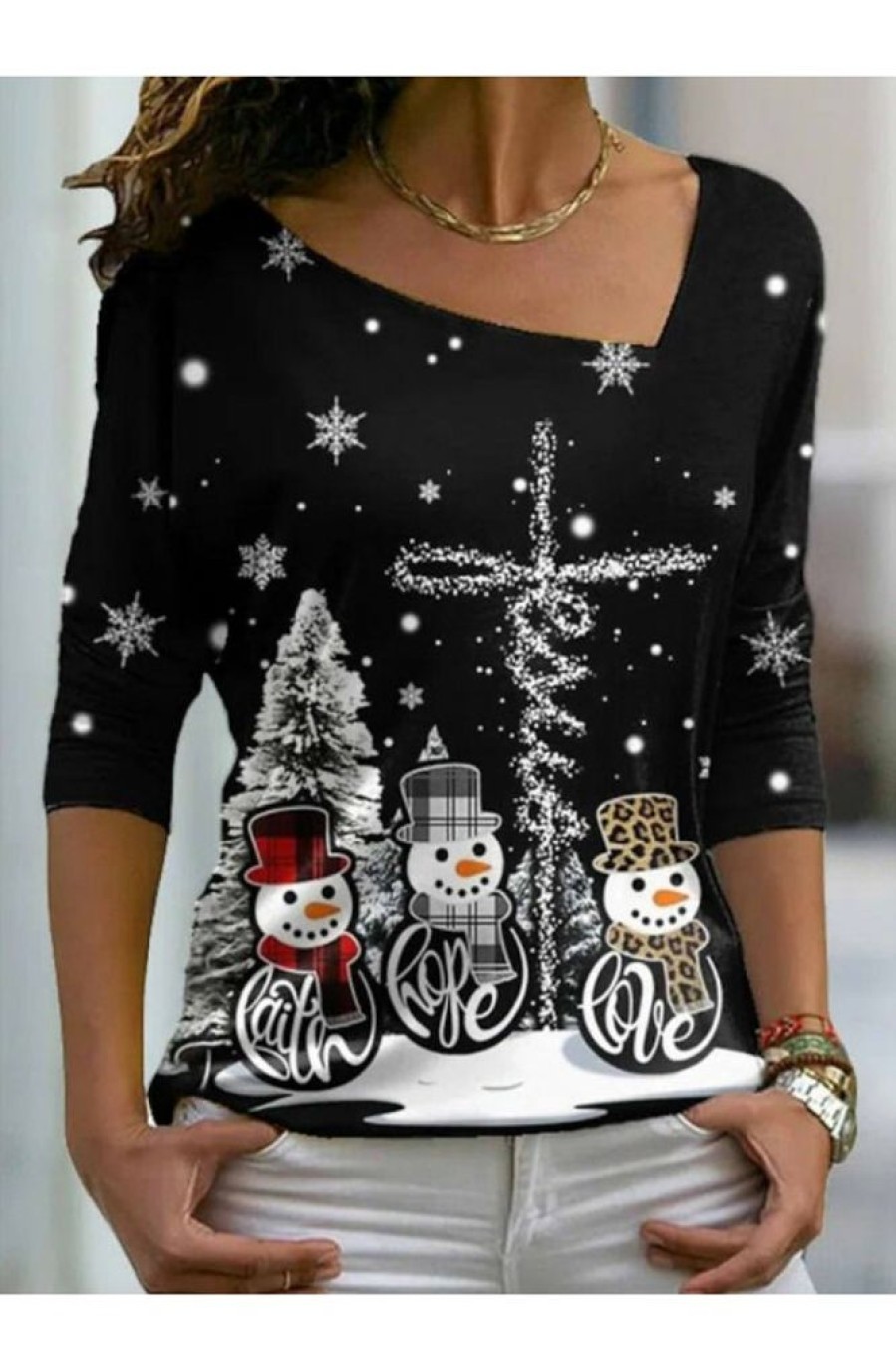 Clothing Azzlee Sweatshirt & Hoodies | Snowman Print Asymmetrical V-Neck Long Sleeve Sweatshirt Black