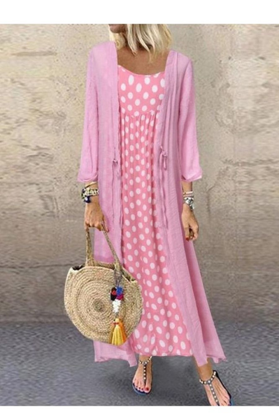 Clothing Azzlee Maxi Dresses | Boho 3/4 Sleeve Spaghetti Straps Polka Dot Printed Casual Two Piece Maxi Dress