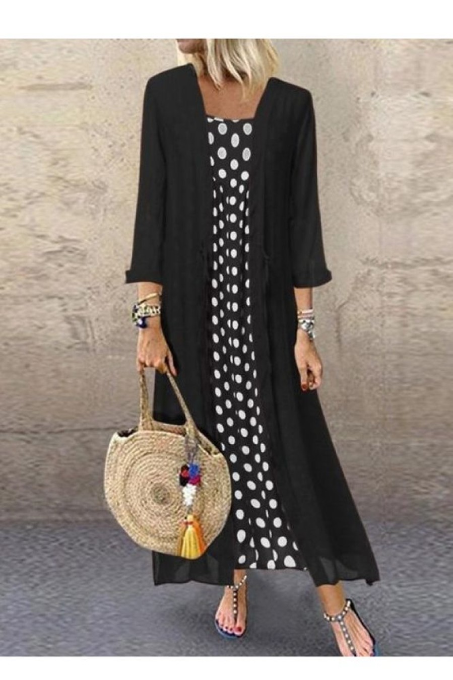 Clothing Azzlee Maxi Dresses | Boho 3/4 Sleeve Spaghetti Straps Polka Dot Printed Casual Two Piece Maxi Dress