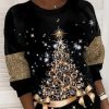 Clothing Azzlee Sweatshirt & Hoodies | Christmas Tree Print Round Neck Long Sleeves Sweatshirt Black