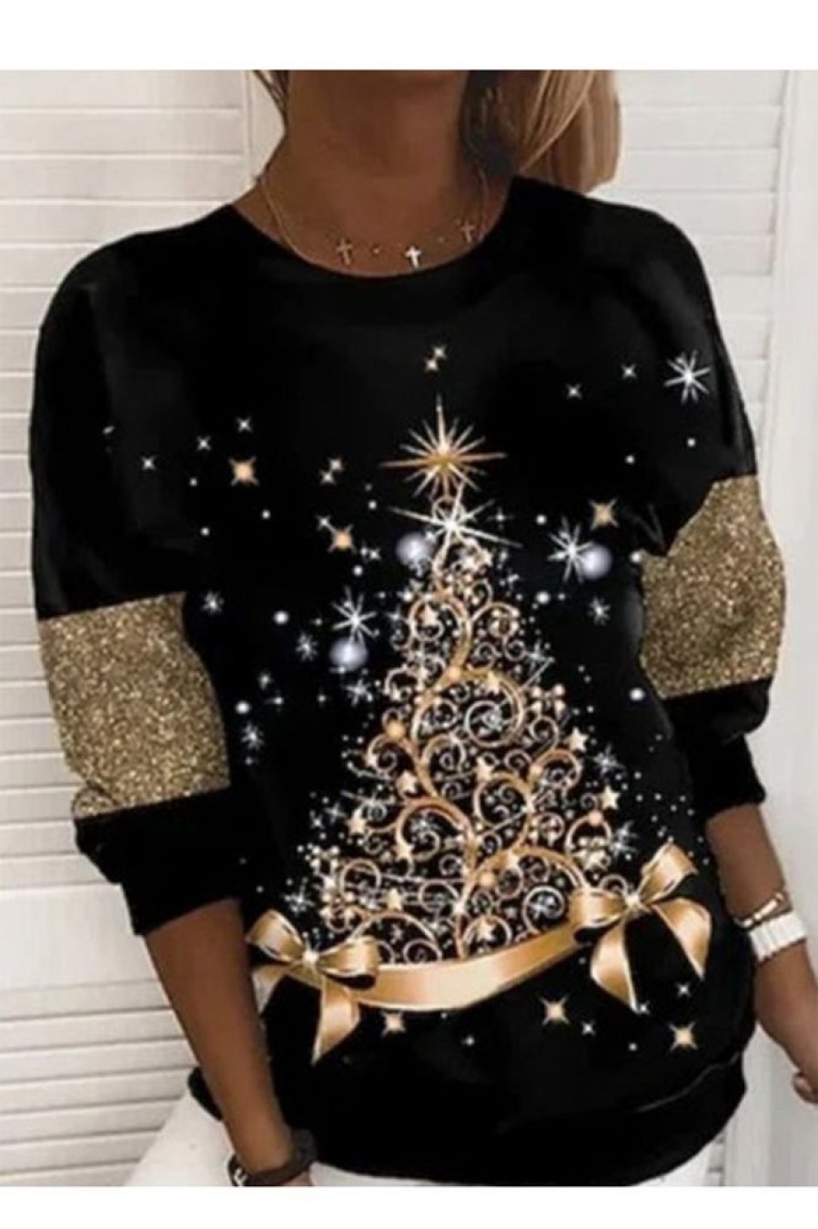 Clothing Azzlee Sweatshirt & Hoodies | Christmas Tree Print Round Neck Long Sleeves Sweatshirt Black