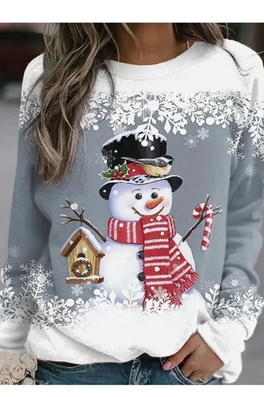 Clothing Azzlee Sweatshirt & Hoodies | Casual Graphic Tops Round Neck Snowman Printed Long Sleeve Xmas Sweatshirts Grey