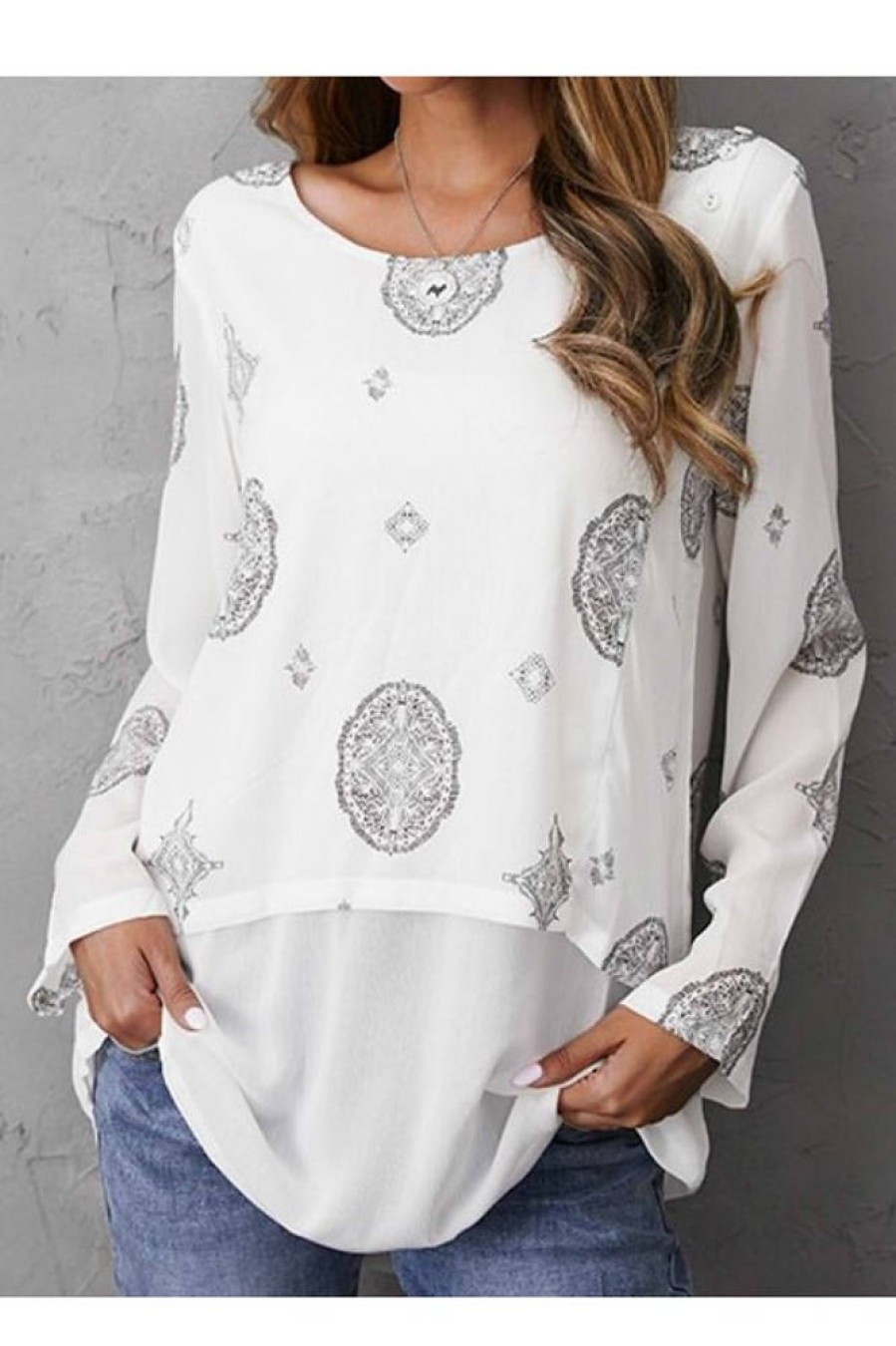 Clothing Azzlee Sweatshirt & Hoodies | O-Neck Geometric Print Casual Boho Long Sleeve Blouse White