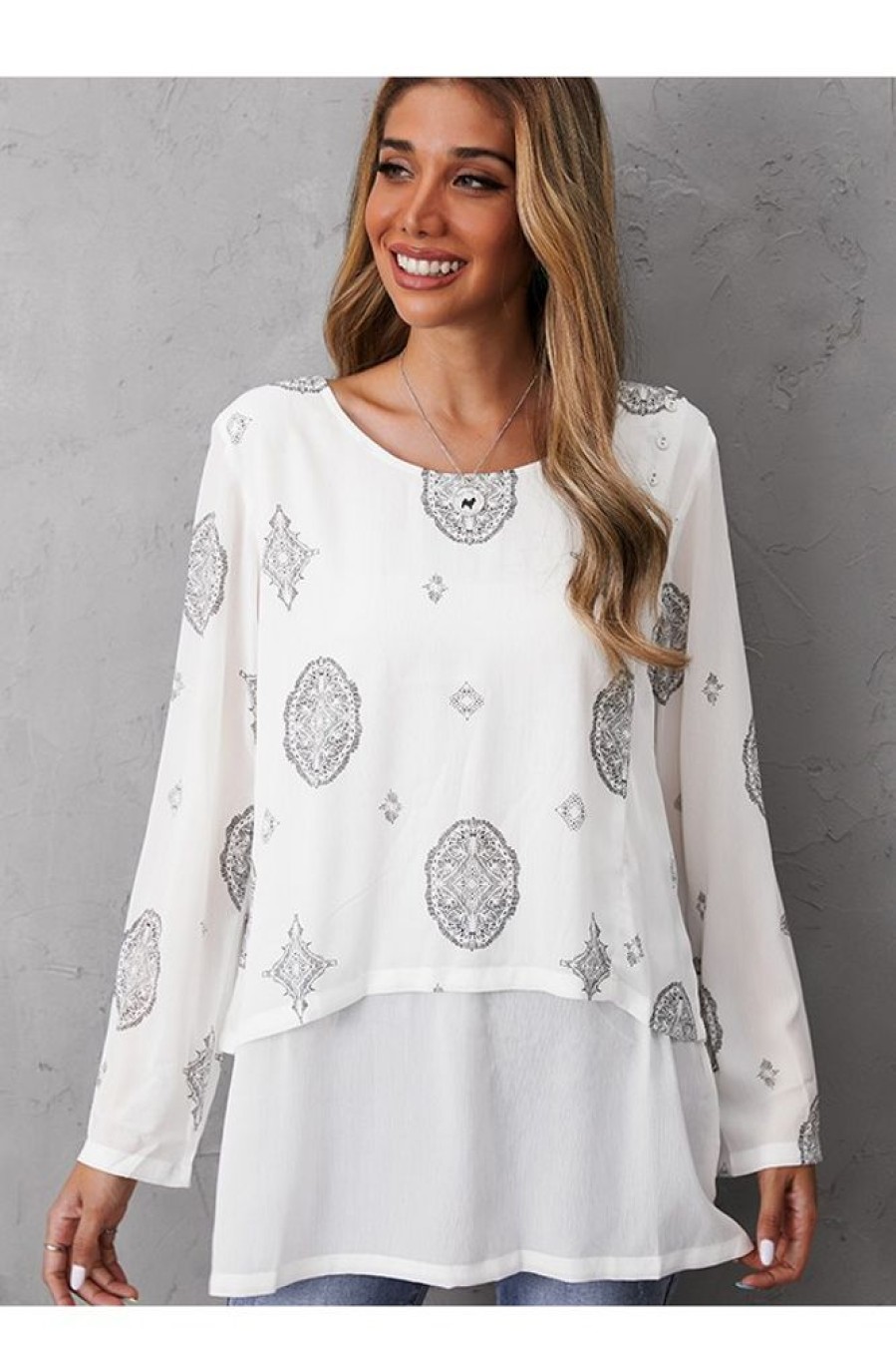 Clothing Azzlee Sweatshirt & Hoodies | O-Neck Geometric Print Casual Boho Long Sleeve Blouse White