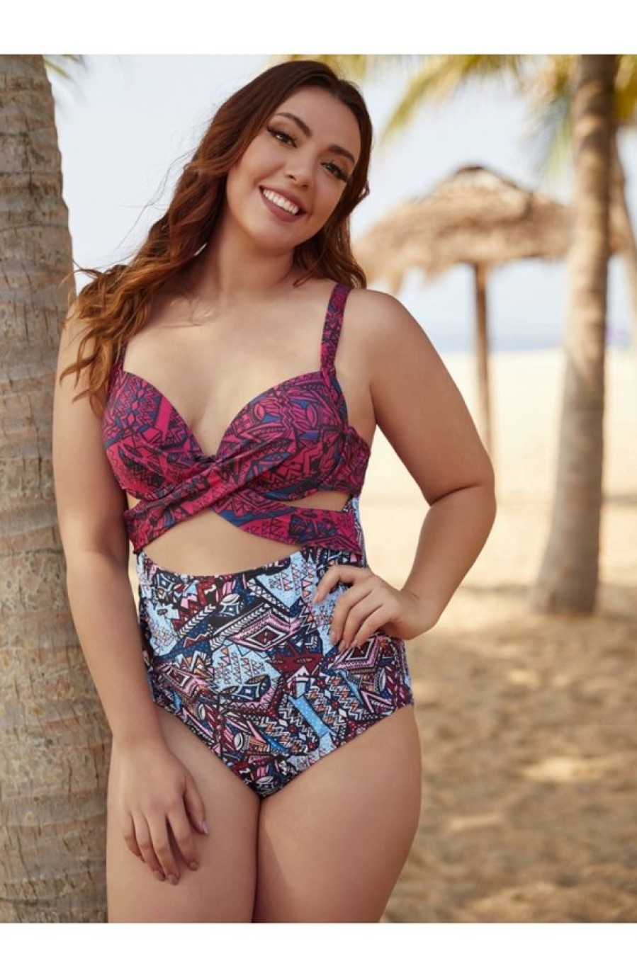 Clothing Azzlee Plus Size | Plus Size Geometric Pattern Cut Out One Piece Swimsuit Multi