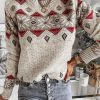 Clothing Azzlee Sweater & Cardigans | Casual Tops Round Neck Long Sleeve Geometric Printed Sweater Apricot